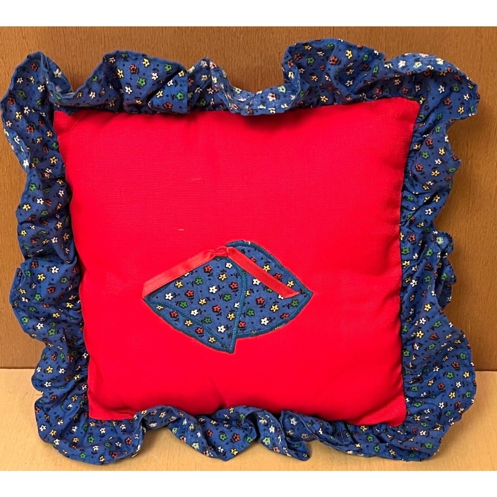 Handmade 10" Decorative Pillow Ruffled Edge Bells Blue Red Flowers